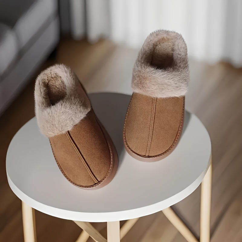 Women's cozy slippers with thick sole for winter warmth, non-slip, hand washable fabric, and EVA sole for home comfort.