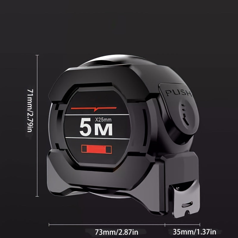 High-precision laser tape measure with automatic lock, durable coating, wear-resistant steel, 5m display.