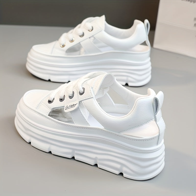 Summer 2024 Women's Breathable Cut-Out Sneakers with Hidden Height Increase, White.