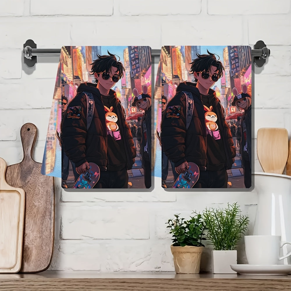 Set of 2 Ultra Soft Kitchen Towels featuring a stylish Anime Boy skateboarding through the city with his friends. Highly absorbent and perfect for holiday decor, these machine washable hand towels are 16x24 inches in size. Code: 2KYSYS1215016