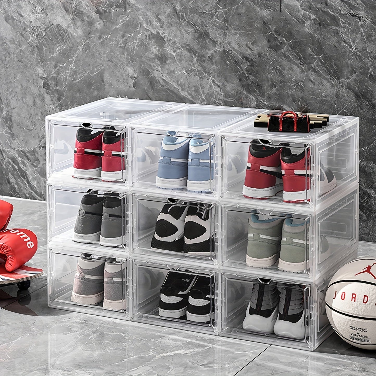 High quality shoe storage and organization for men and women with this transparent, foldable plastic shoes storage box. The magnetic closure keeps your shoes dustproof while the side opening door allows for easy access. Maximize closet space in your