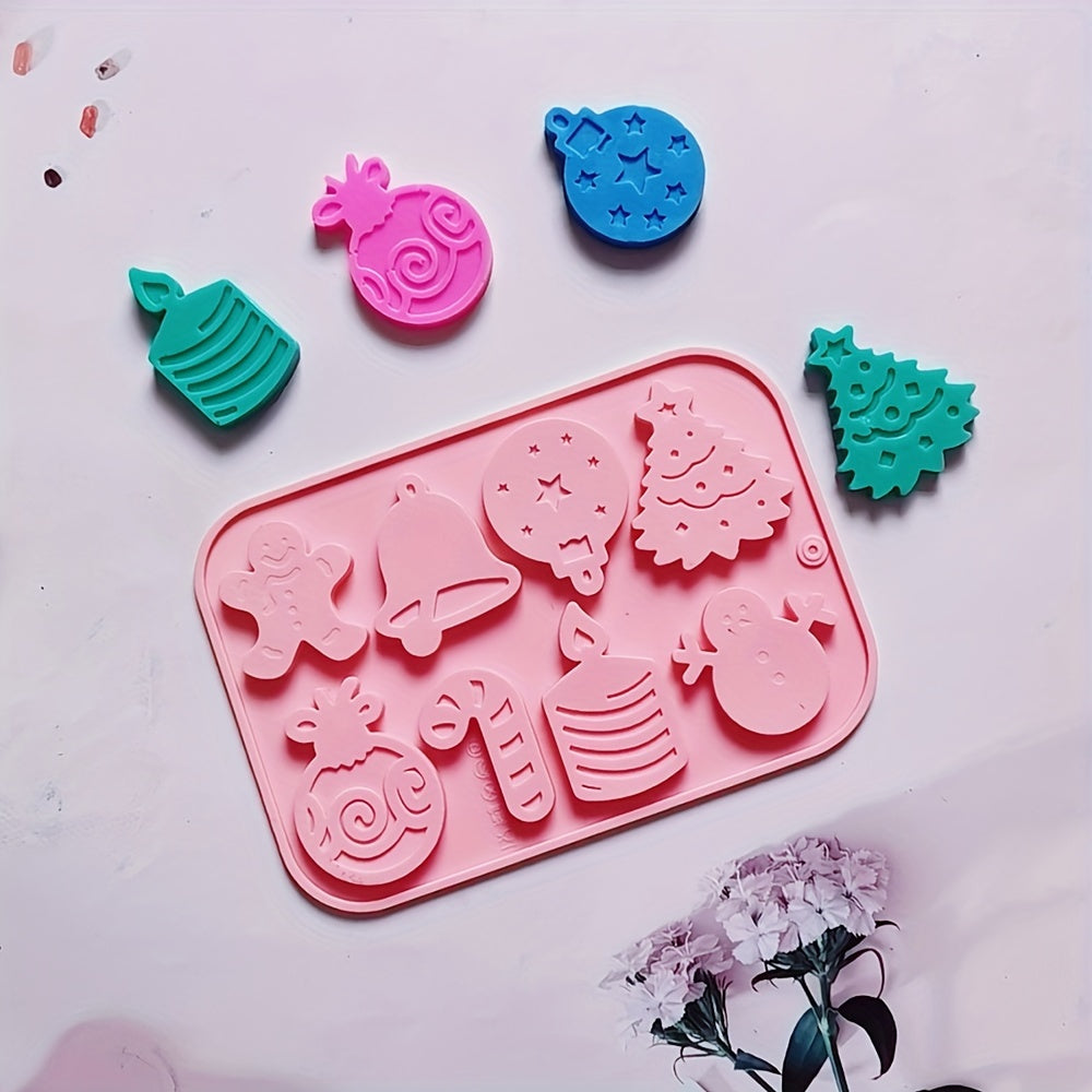 1 piece of Christmas Silicone Cookie Mold with 8 cavities, featuring shapes of Christmas tree, elk, bell, and snowman. This versatile mold can be used to make cakes, chocolates, biscuits, candies, jellies, and puddings. Perfect for creating festive