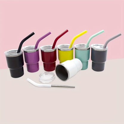 A 3oz car cup pack containing an outer plastic and inner steel construction, with a stainless steel stretch liner and a silicone sleeve straw.