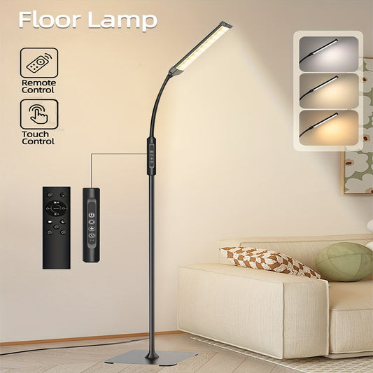 Adjustable LED Floor Lamp with 3 color modes, touch control, gooseneck design, 10 brightness levels, Black Metal, USB powered, LED light source, 36V or below voltage, no battery included.