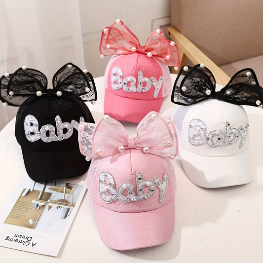 Letter Cartoon Ribbon Bow Kids Baseball Sun Hat