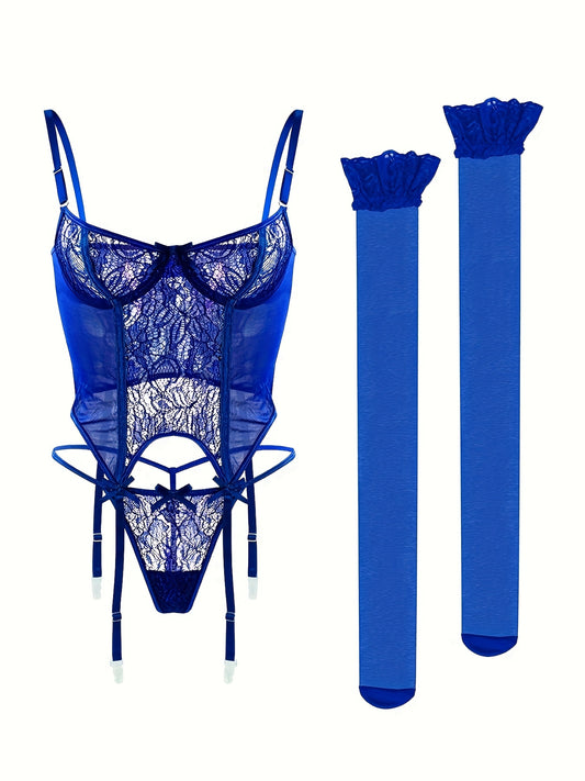 3-piece seductive lingerie set for European and American women with bodysuit, stockings, thong, and panties with steel ring.