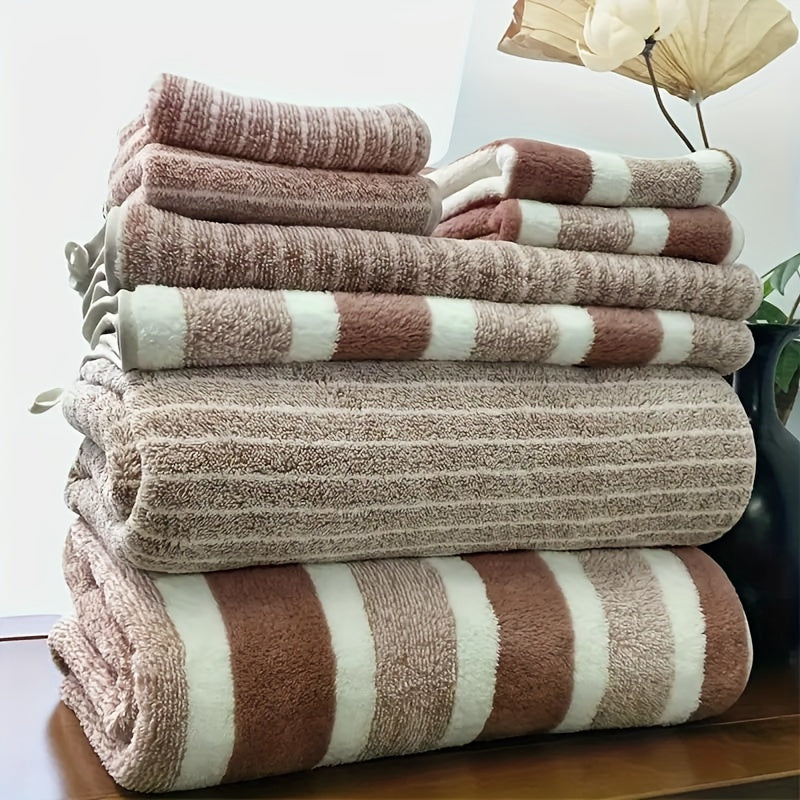 8-piece Striped Bath Towel Set with face, hand, and bath towels for hotel, sports, travel, fitness, and yoga. Soft, absorbent, and quick-dry. Ideal bathroom essentials with decorative towel