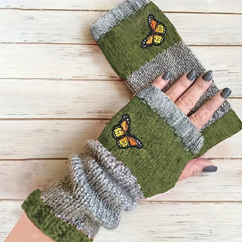 Knit Fingerless Gloves with Butterfly Embroidery, Stylish Color Block Design, Windproof and Warm for Autumn and Winter Writing.