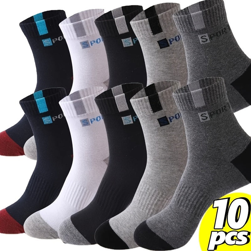 Men's athletic socks with stylish lettering, high elasticity, and moisture-wicking polyester blend. Suitable for running and outdoor sports in black, gray, white, blue, and navy options.