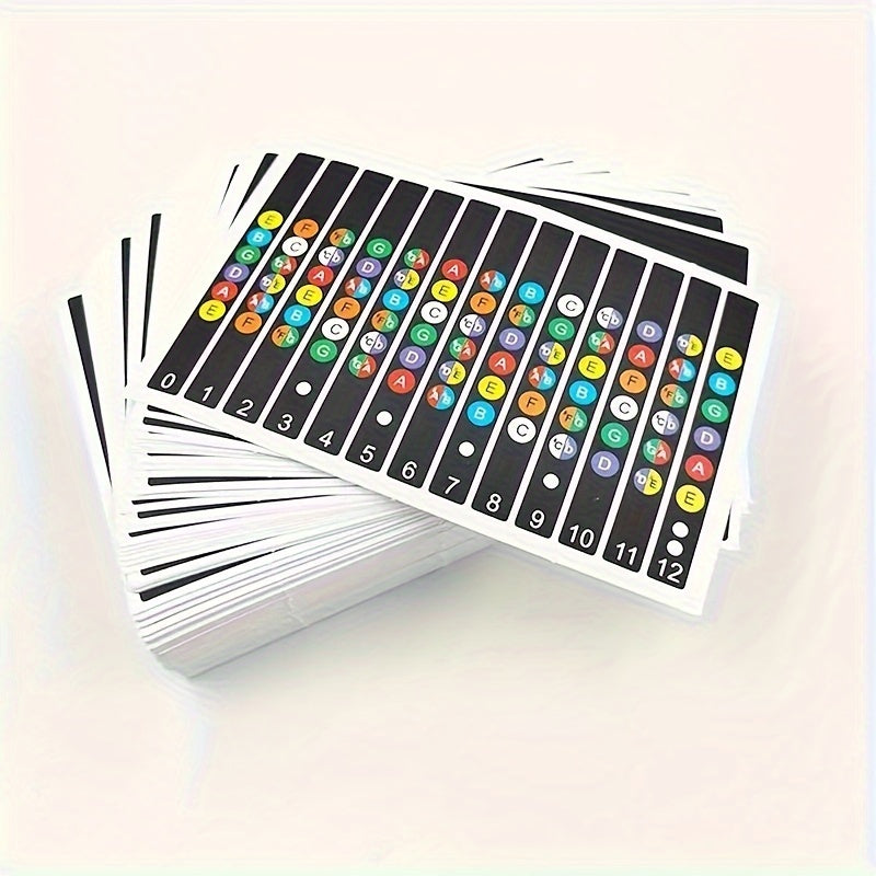 Colorful beginner guitar labels with notes and chord diagrams for acoustic guitars. Durable and easy-to-apply fretboard stickers, guitar accessories.