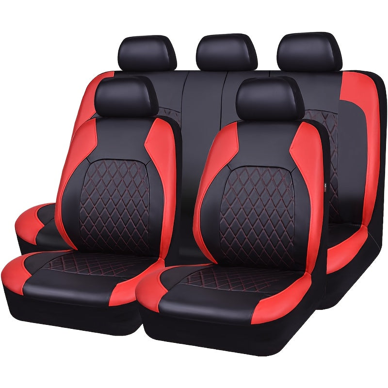 Universal 5-seater car seat cover with PU Leather diamond pattern, including full set of breathable synthetic PU Leather covers. Features airbag compatibility, zipper design, and fits all