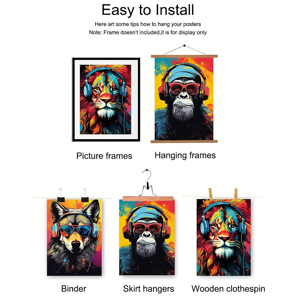 Canvas posters featuring modern art of animal earphones - tiger, wolf, and chimpanzees. Ideal for gifting or decorating bedrooms, living rooms, or corridors. No frame included.