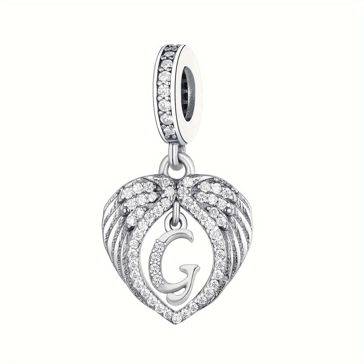 925 Sterling Silver Heart-shaped Wing Pendant with Synthetic Zircon Letter Pattern for DIY Jewelry Making, Perfect Gift Idea