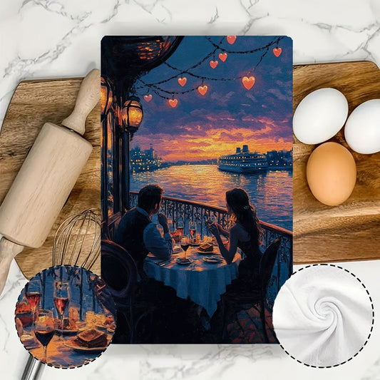 This set includes 2 ultra-soft kitchen towels with the artwork of a couple enjoying a dinner cruise. The scene depicts them dining at a table with a beautiful view, dancing to music, and surrounded by heart-shaped lights on the ship's railing. These