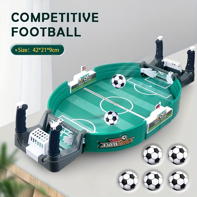 Interactive tabletop soccer game for kids including 5 balls, made of plastic. Perfect gift for Valentine's Day, Easter, birthdays. Suitable for ages 3 and up.