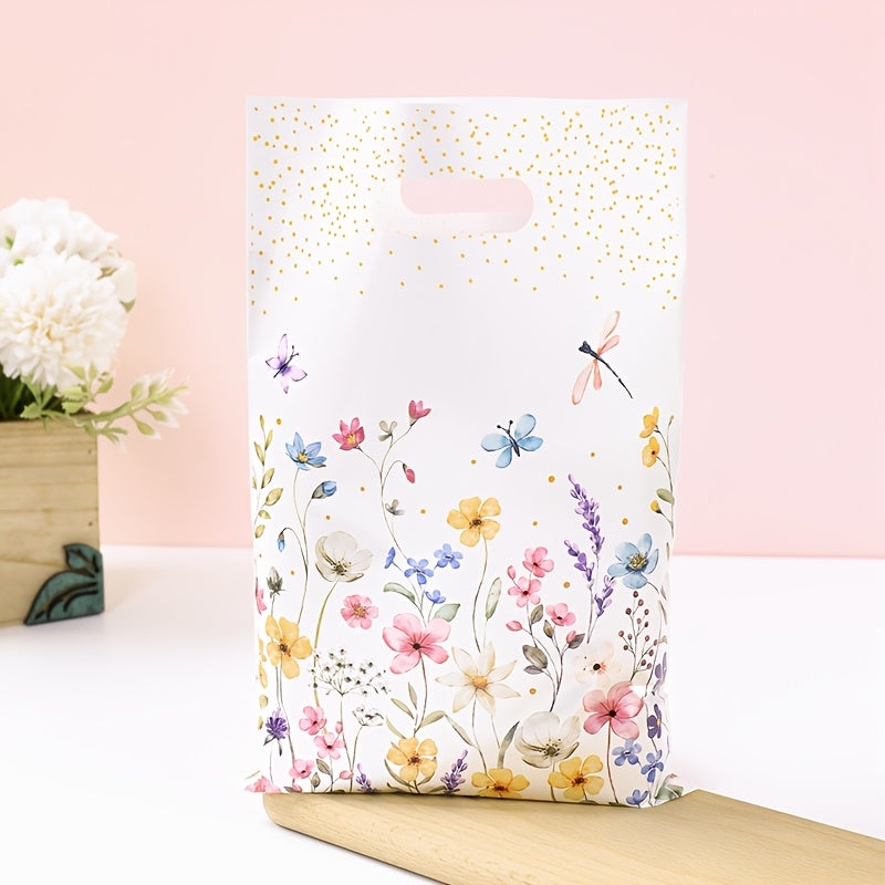 10/25/50pcs of Wildflowers Theme Plastic Gift Bags with Leaf and Flower Design - Punch Hole Handle, ideal for Mother's Day, Weddings, Birthdays.