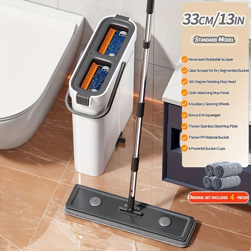 A complete household floor cleaning set including a wet and dry mop with bucket, 4 washable microfiber pads, a long handle flat mop for hands-free washing, and a dust mop for tile, marble, and wood floors. Also includes cleaning supplies and tools.