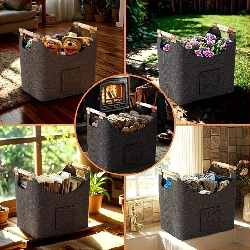 Durable PET Material Firewood Basket in Extra Large Size, Dark Grey, with Reinforced Handles and Foldable Wooden Storage Bag for Wood, Newspaper, or Shopping - Measures 32x50x40cm