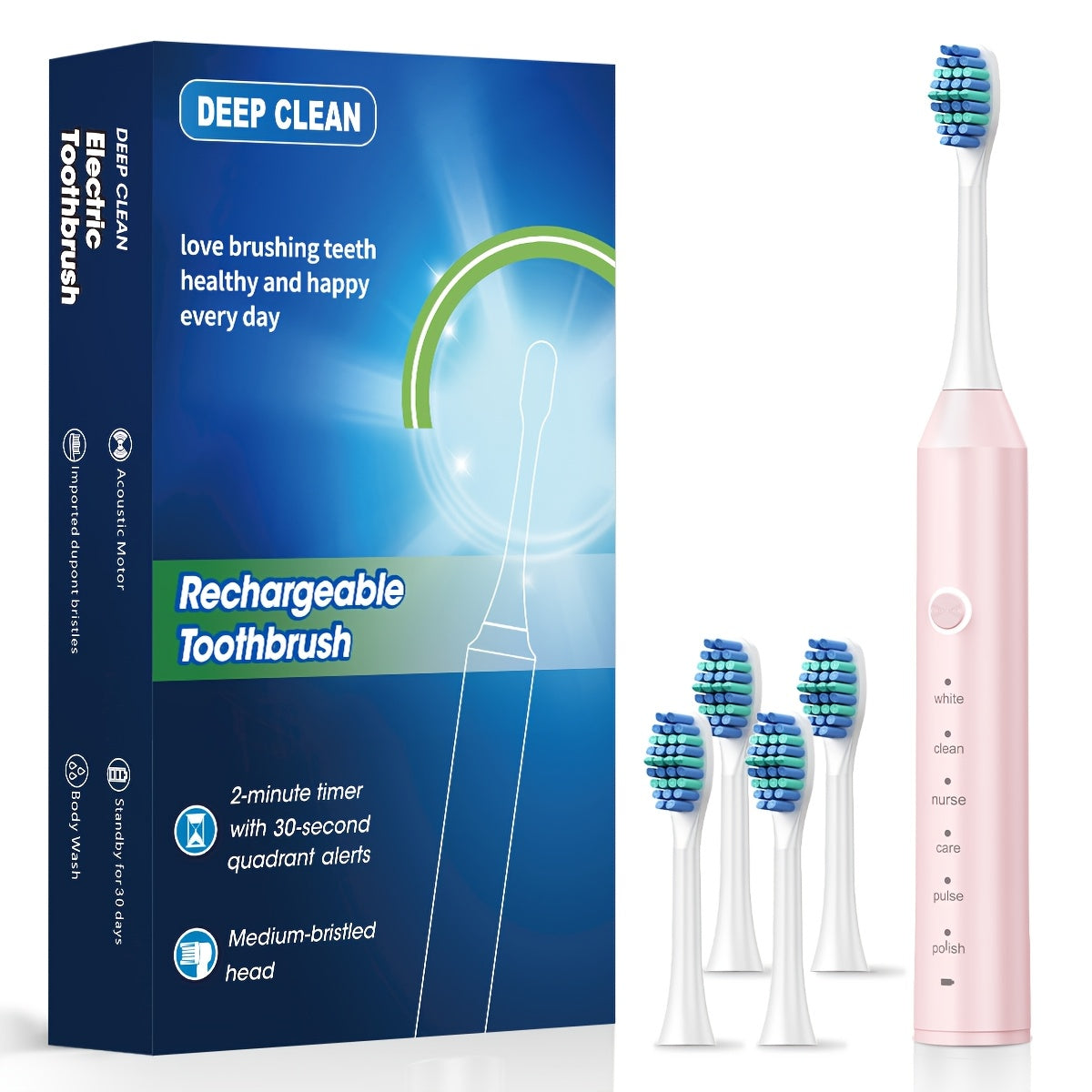 Rechargeable electric toothbrush for adults with 6 modes, USB charging, and soft bristles for deep cleaning dental care.