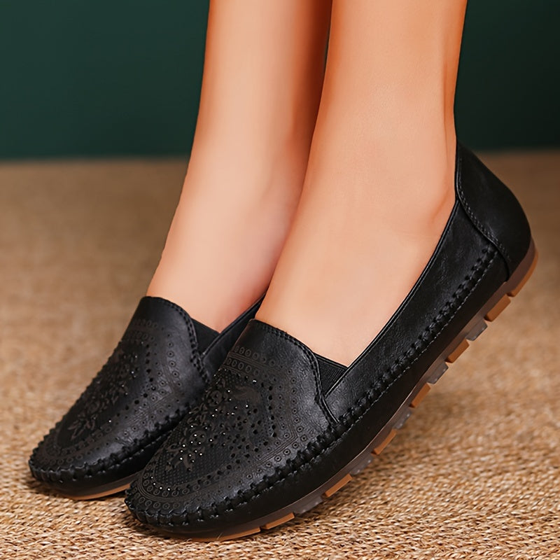 Women's flat shoes with solid color, soft sole, slip on style, and lightweight comfort.