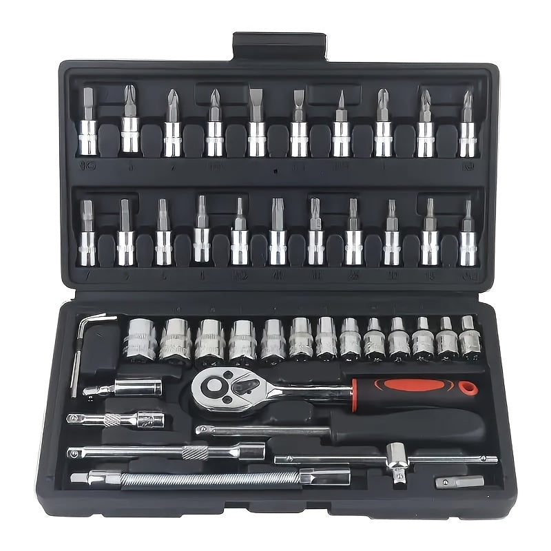 NewShark 46-Piece Socket Set with Quick-Release Ratchet - Carbon Steel Tool Kit for Auto Repairs, Includes Screwdriver Bits, Hex Keys, Extension Bar & Storage Case