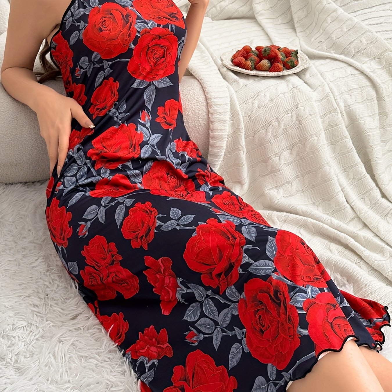 Valentine's Gifts: Rose Print Lettuce Trim Slip Nightdress with Round Neck and Backless Midi Design for Women's Sleepwear.