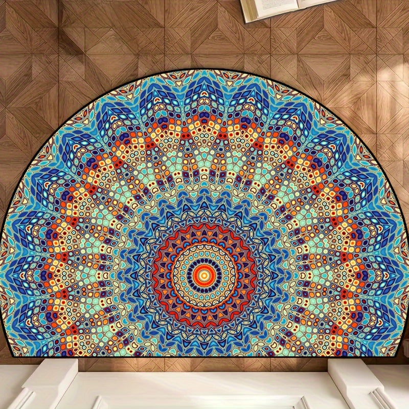 Mandala Flower Half Round Doormat - Non-slip, Machine Washable Polyester - Indoor/Outdoor Bedroom Hallway Patio Entryway Carpet - Photo Prop Gift Available in Various Sizes: 15x23, 19x31, 23x35, 31x47 inches.