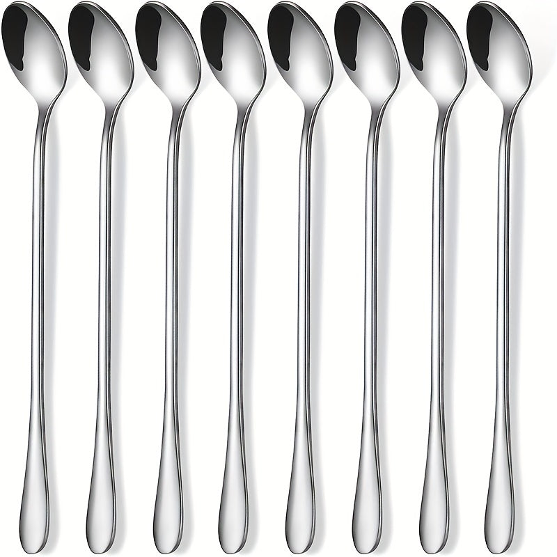 Set of 8 long-handle stainless steel spoons for stirring and mixing various beverages.