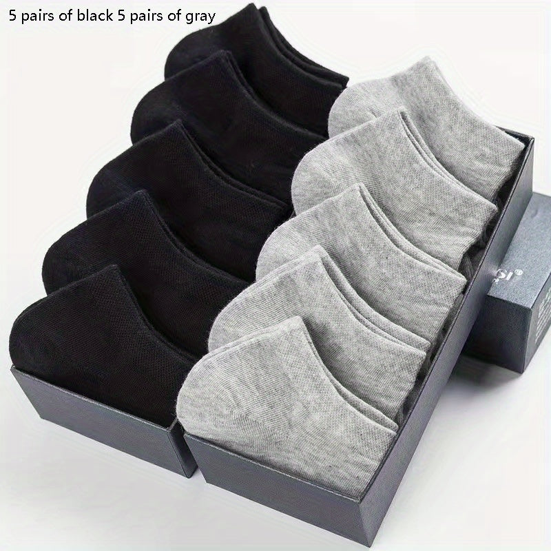 Five pairs of invisible socks for couples in solid colors (black, white, grey), made of breathable thin polyester (95%) and spandex (5%) knit fabric, hand washable, 200g/m².