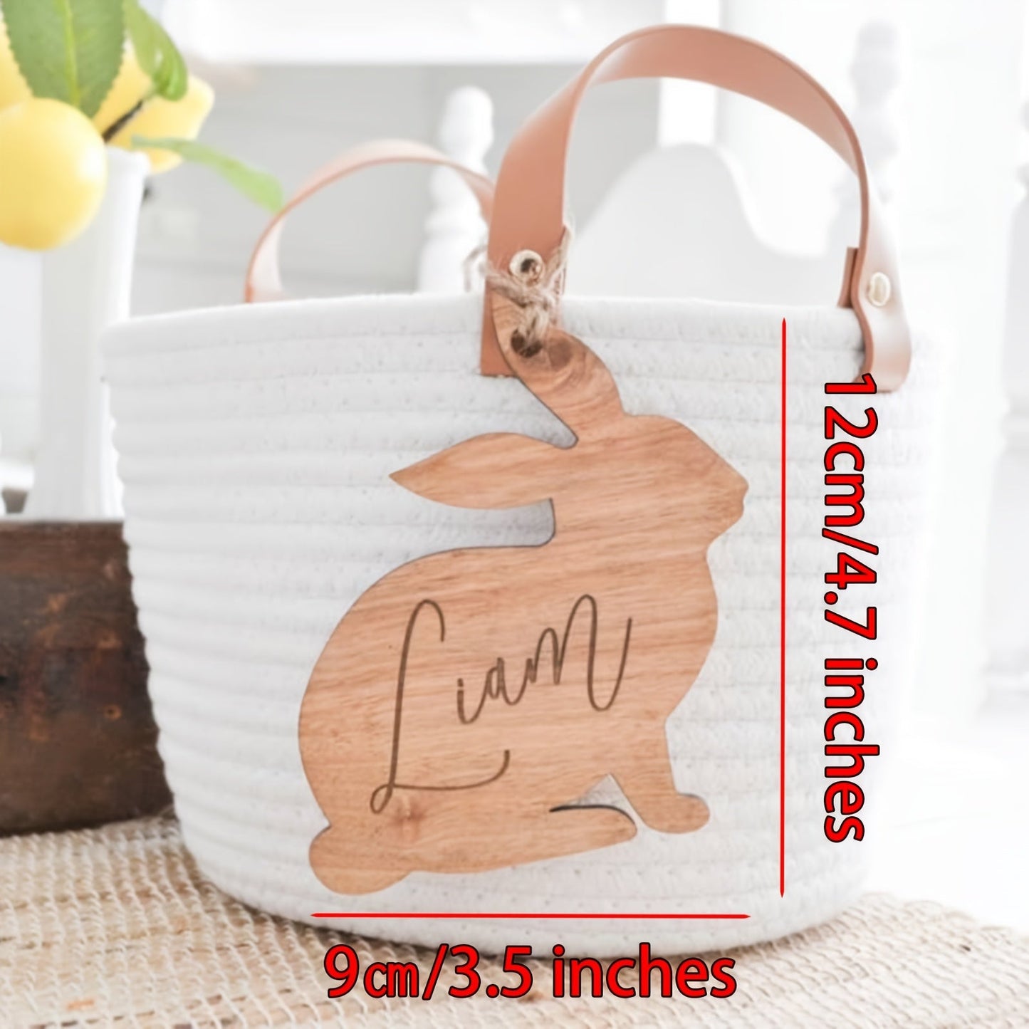 Engraved Wooden Easter Basket Tag with Bunny Design - Customizable Name Label with Ties, Ideal for Gifts and Memorabilia