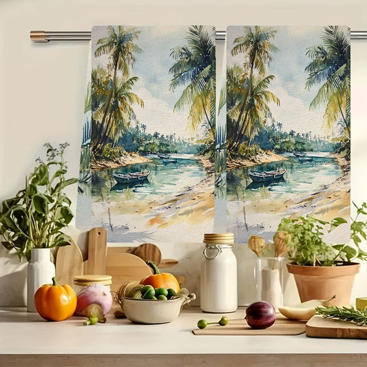 Two pieces of Tropical Lagoon Kitchen Towels made from super absorbent polyester knit fabric. Machine washable with a contemporary coastal style. Each towel measures 40.64x60.96 cm. Item number: 2KYSYS1218413.