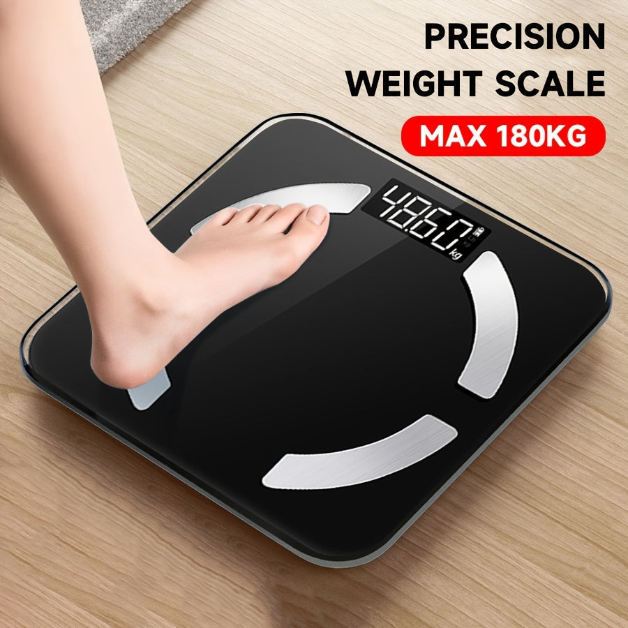 Digital bathroom scale with LCD display, 181.44 KG capacity, body analysis, muscle & moisture, mobile app connectivity, battery powered (batteries not included).