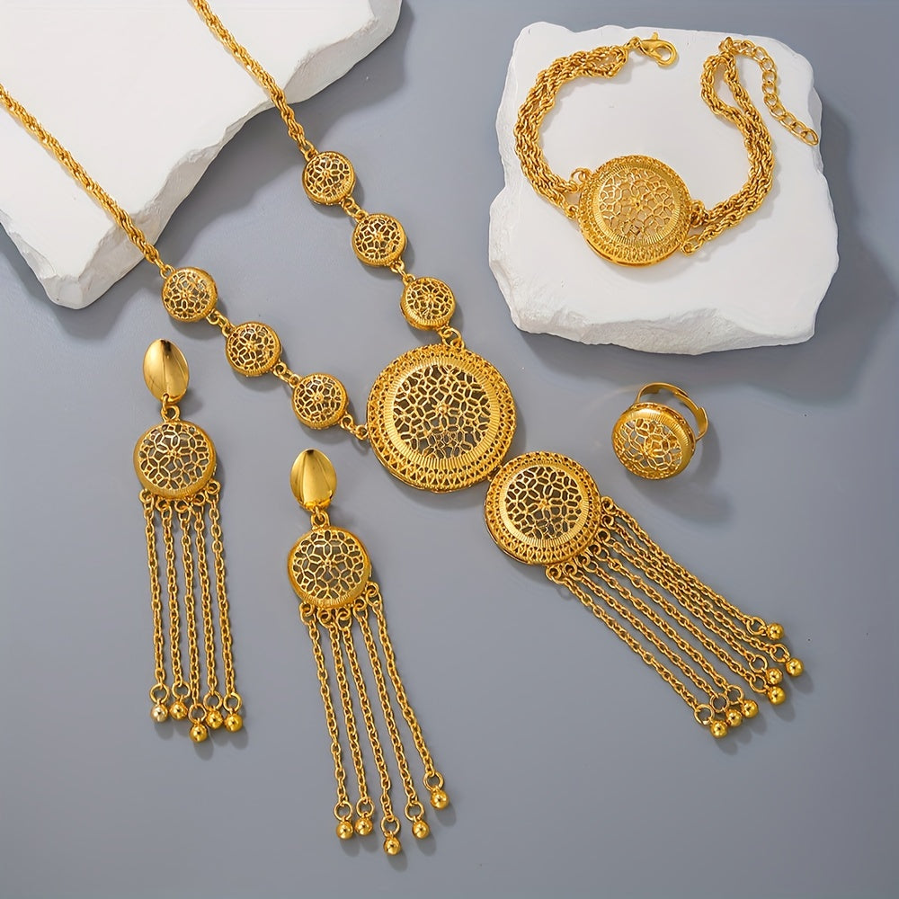 Traditional Bridal Jewelry Set with 5 Pieces: Earrings, Necklace, Bracelet, Ring. Plated with a Classy Hollow Flower Design to Match Daily Outfits