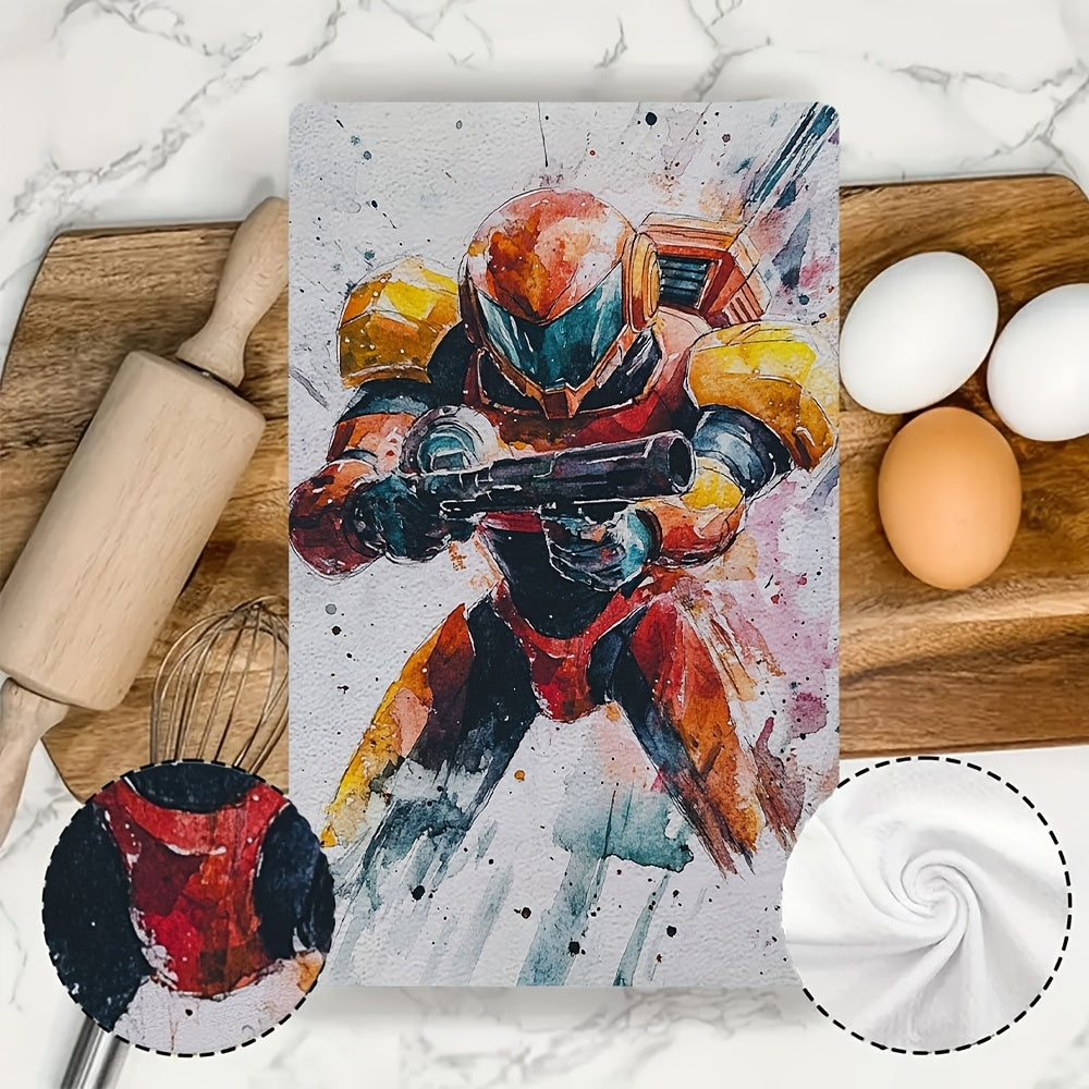 This set includes two ultra-soft kitchen towels featuring Samus Aran from Metroid. They are highly absorbent and ideal for holiday decoration. The towels are machine washable and measure 40.64X60.96 cm.