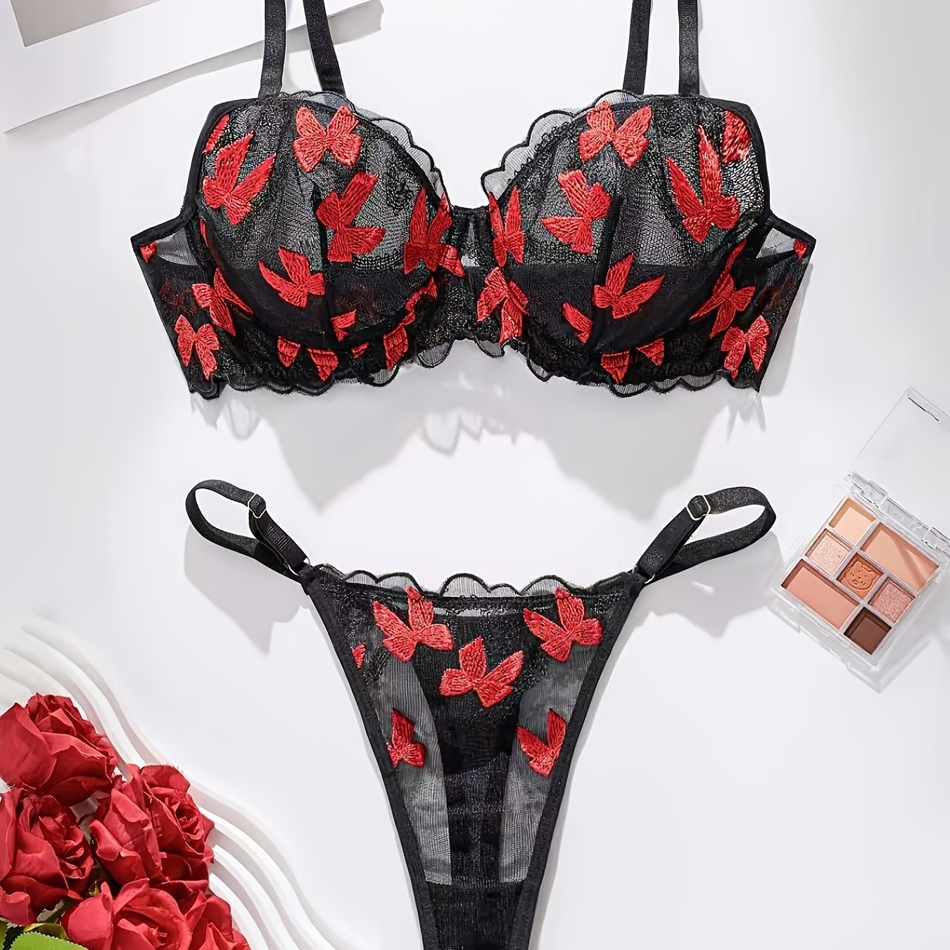 Sexy lingerie set with thin shoulder straps, includes bra and thong