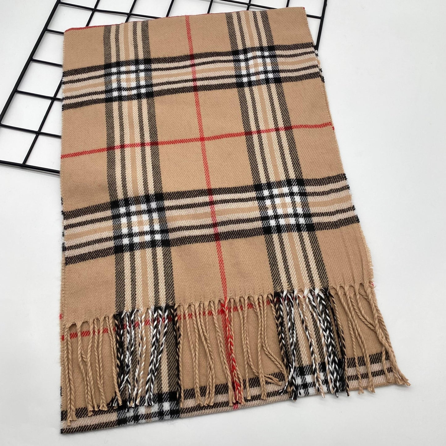 Soft and warm woven polyester men's scarf with classic checkered stripe design and fringe detail - 1 piece of classic style scarf.