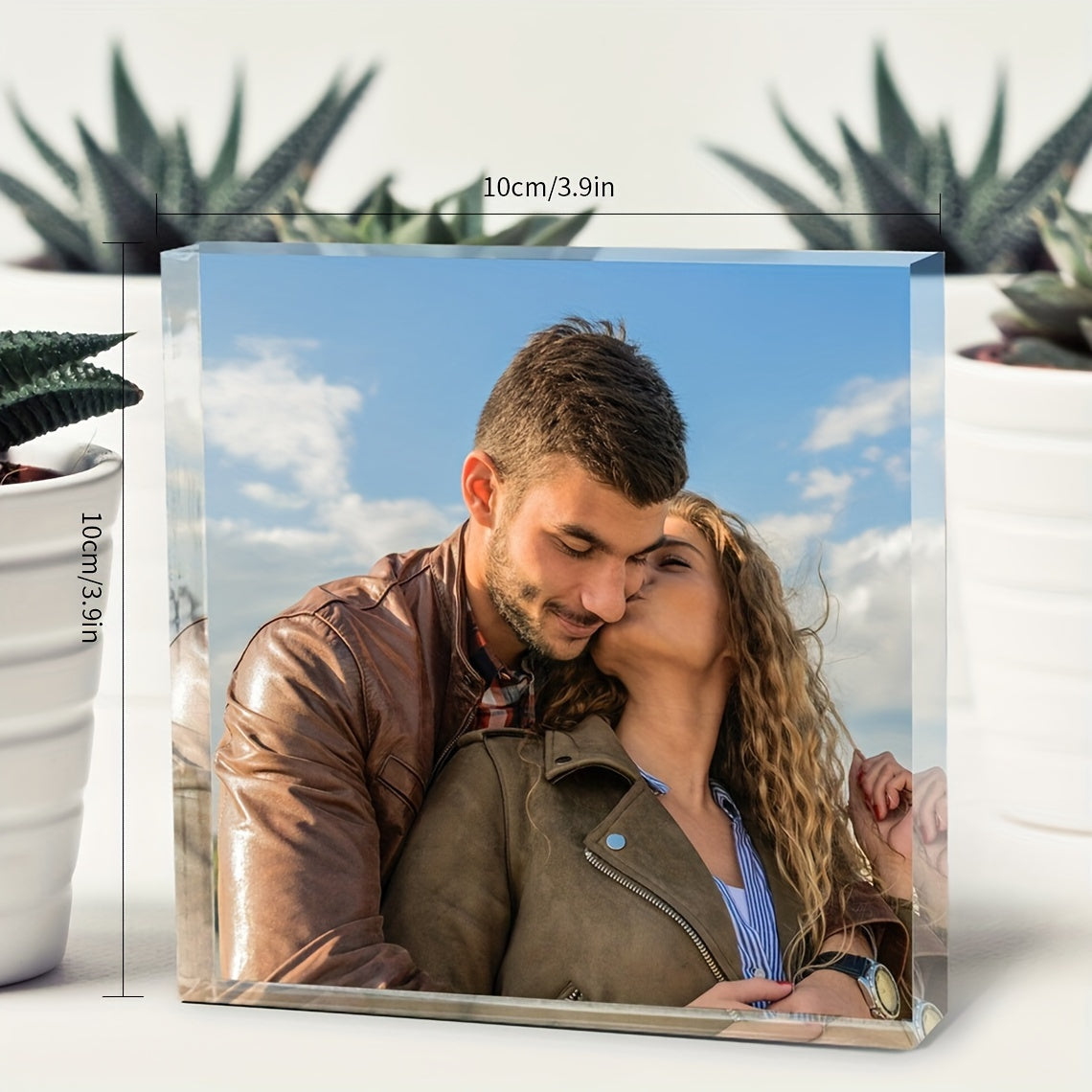 Personalized acrylic photo block for couples featuring a love story picture display. Perfect anniversary or romantic gift. Suitable for ages 14 and up. One piece included.