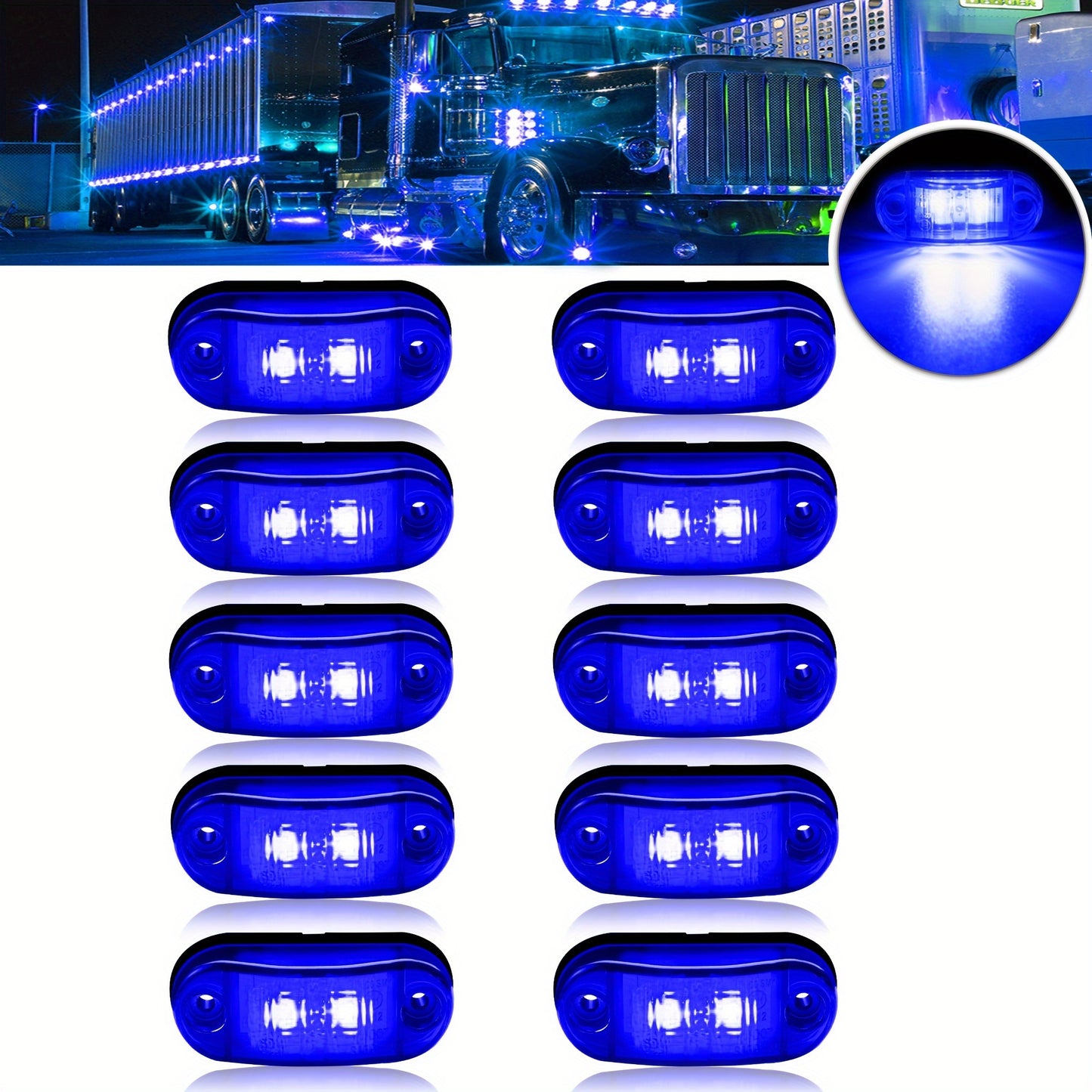 10 Universal LED marker lights for trucks, RVs, and other vehicles, with amber/red/white indicator bulbs, rear placement, and hard wiring. Operating on 12V-24V without a battery.