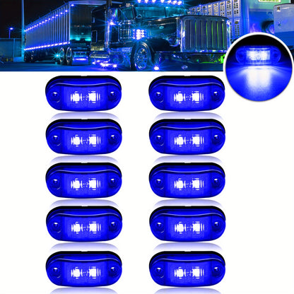 10 Universal LED marker lights for trucks, RVs, and other vehicles, with amber/red/white indicator bulbs, rear placement, and hard wiring. Operating on 12V-24V without a battery.