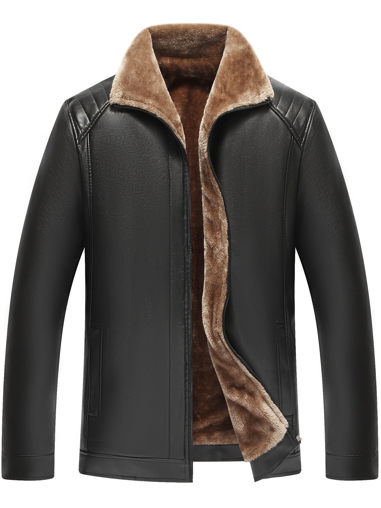 Men's stylish black winter coat with plush collar, zipper pockets, and fur lining. Slim fit and zipper closure. Hand or dry clean only. Classic pilot style jacket for fall.