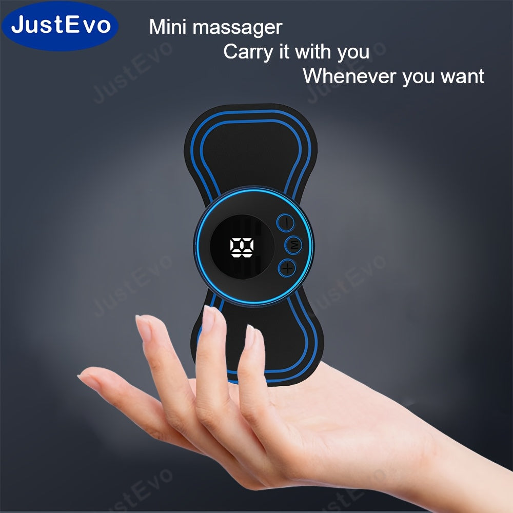 JustEvo Portable Mini Massager Patch - USB Rechargeable with Digital Display, Hypoallergenic, Ergonomic Design for Full Body Muscle Relaxation - Black & Blue