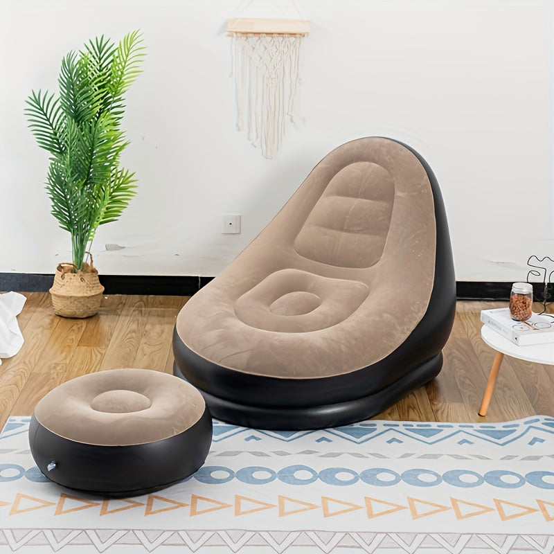 Inflatable Lounge Chair with Footrest, Vinyl Material, Suitable for Indoor/Outdoor Use, Easy to Inflate, Machine Washable, No Electricity Required, Perfect for Various Settings such as Living Room, Bedroom, Office, Balcony, Travel, Camping, and Picnics.