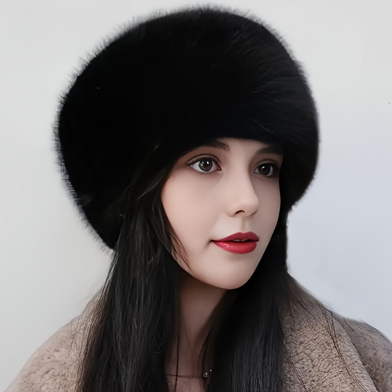 Faux fur bucket hat for women with flat top dome style, providing thick, warm ear protection. Chic snow spirit design, machine washable for winter outings.