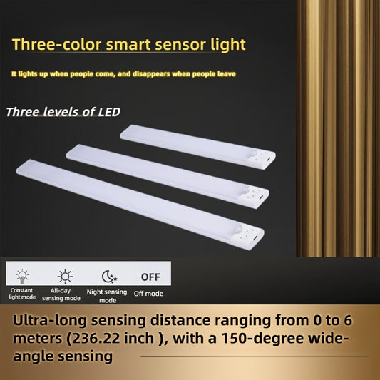 Smart LED light with motion sensor, USB rechargeable, 3 dimming modes, wireless installation, perfect for closets, cabinets, bedrooms, bathrooms, and stairs.