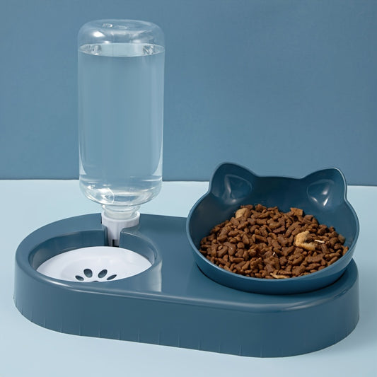 Automatic water dispenser with non-tip design for cats and small dogs, includes gravity-fed water bottle. Compact and sturdy blue plastic feeding station for pets.