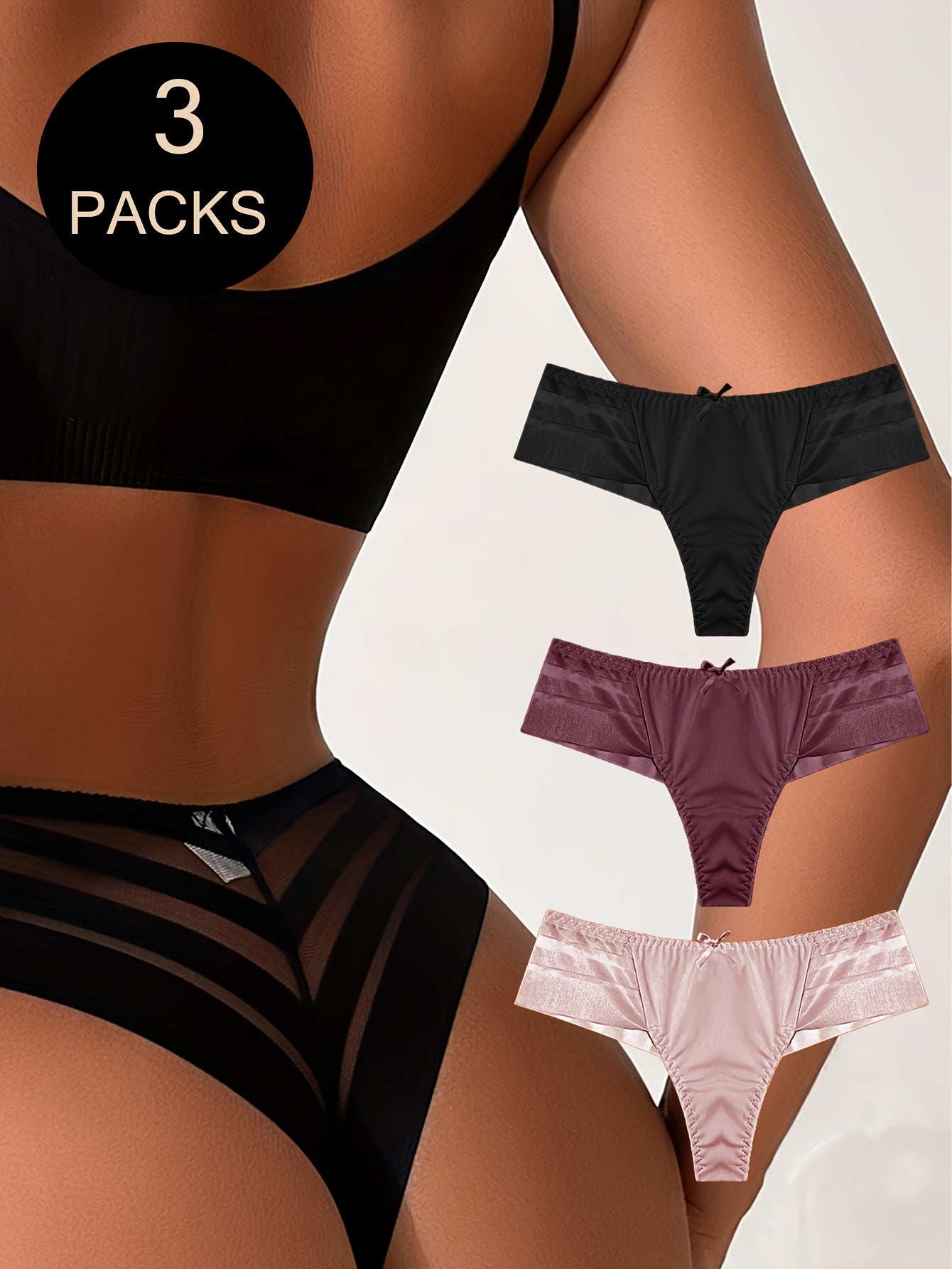 3 x FINETOO Lace Thongs for Women - Sexy, Breathable, Low-Rise G-String with Mesh Stitching. Hand washable, available in Black, Purple, & Pink.