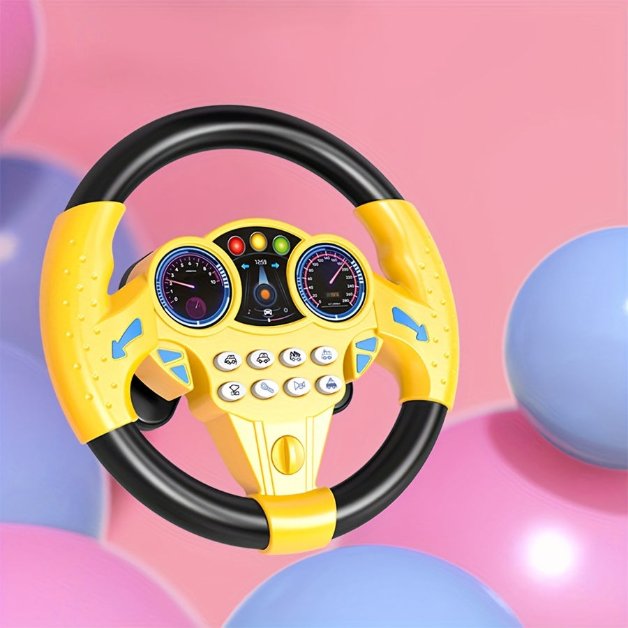 Kids simulated driving controller with interactive car steering wheel toy made of ABS resin in assorted colors, no batteries included. Great educational activity gift.