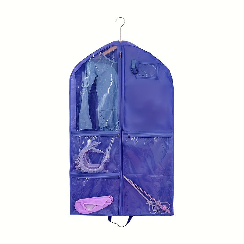 Durable costume dust cover bag with storage pouches, featuring a hanging design for suits and coats. Designed with a window and zipper for easy access, this household organization tool helps save space in the bedroom, bathroom, office, closet, wardrobe