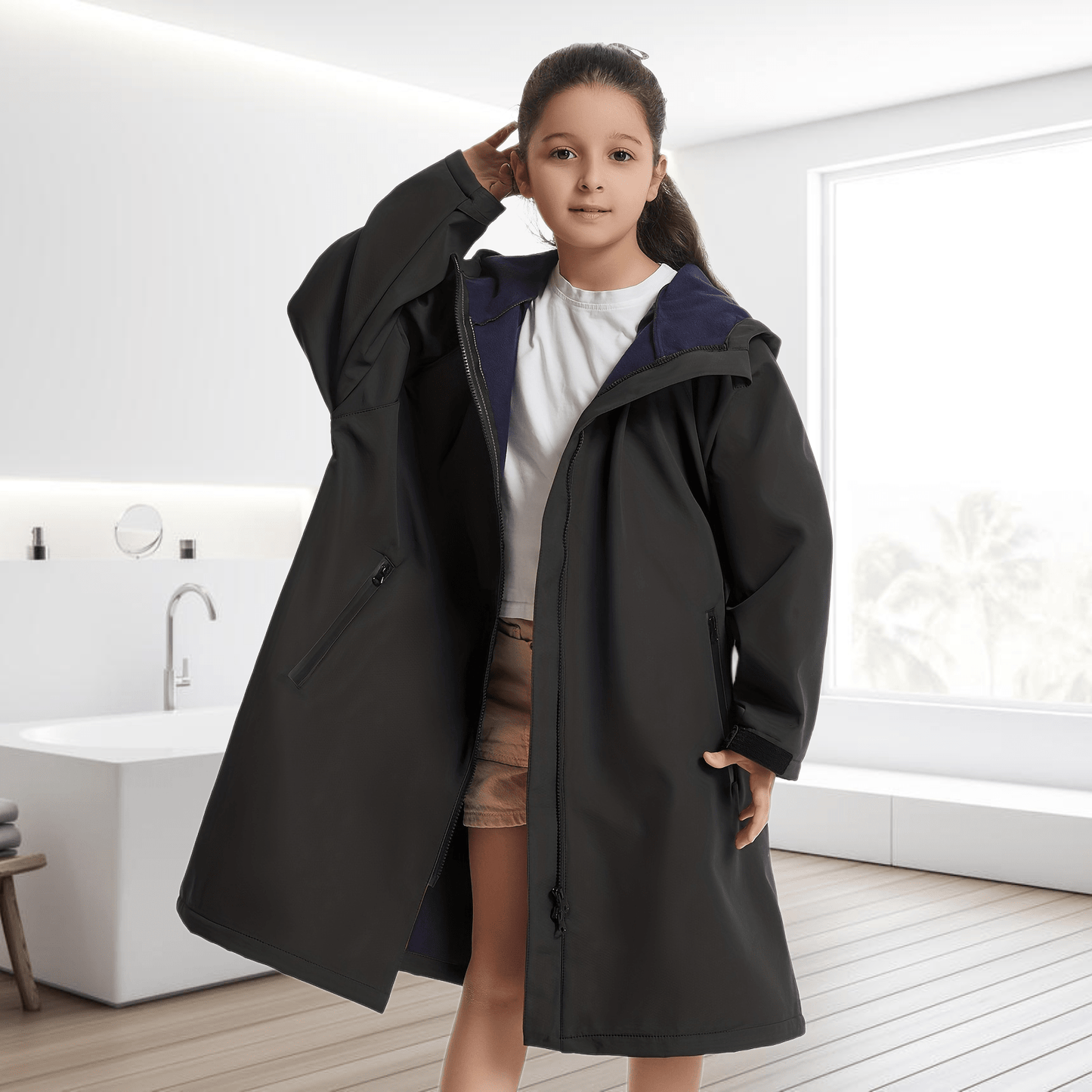 Contemporary Waterproof Changing Robe with Fleece Lining, Hood, Space Theme, 240gsm, for Home and Outdoors, Windproof and Warm.