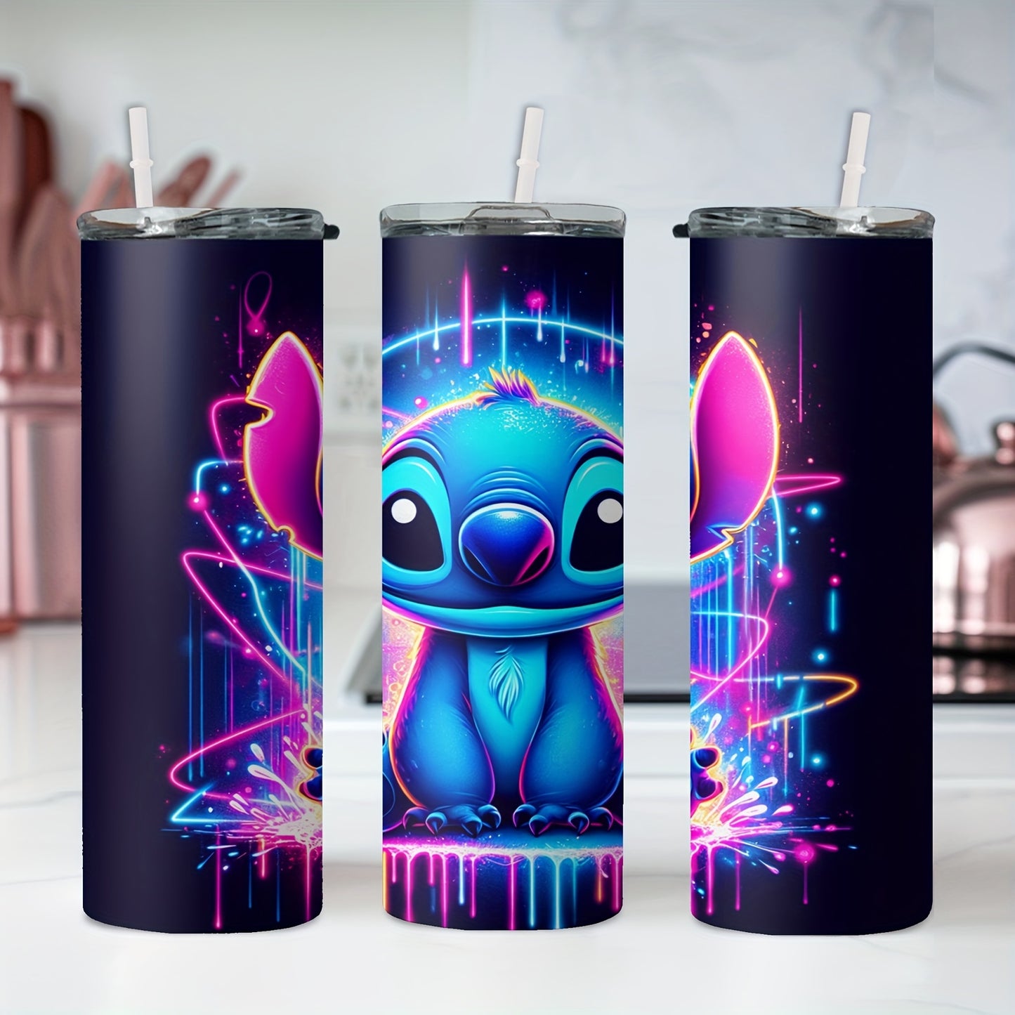 20oz stainless steel water bottle with cartoon character design, insulates hot and cold beverages, includes straw for drinking.